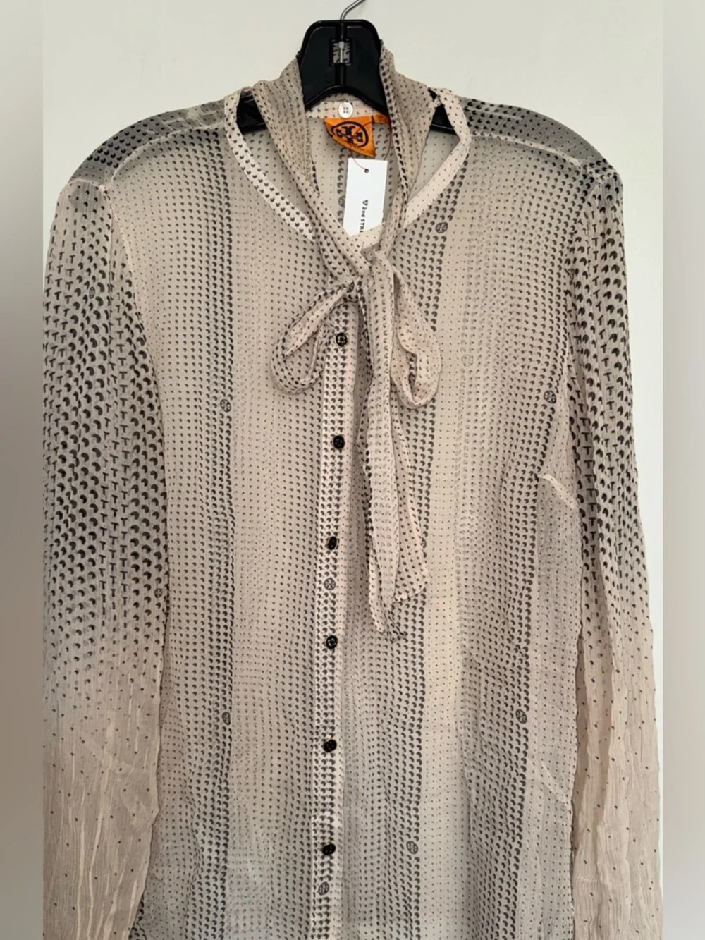 Tory Burch Silk Detachable Scarf Sheer Button-Down in Beige and Black Dot